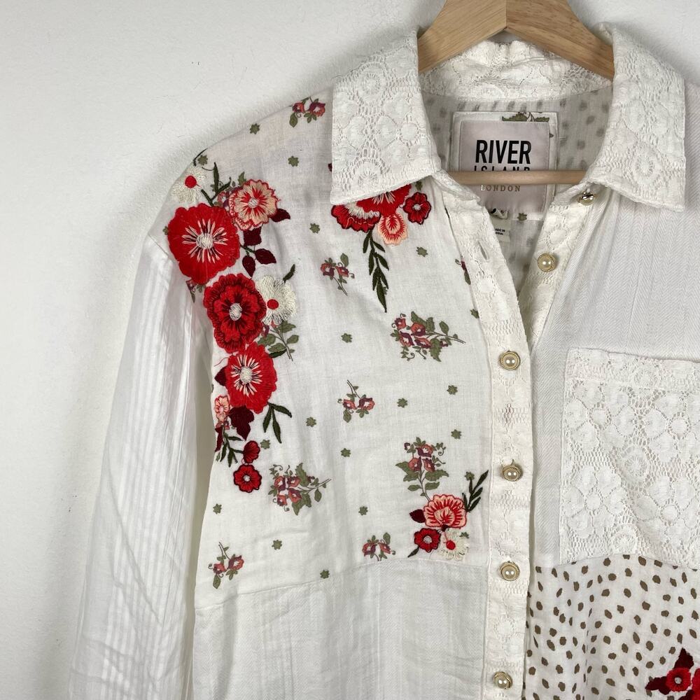 River Island Floral Embroidered Patchwork Lace Button Up Shirt White Size S - Picture 3 of 13